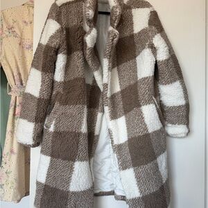 Cozy Check Plush Long Coat - Brown & White